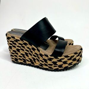 Pedro Garcia Black Leather and Tan Woven Wedges